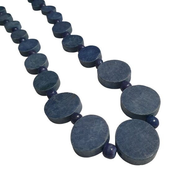 Blue Wooden Beaded Statement Necklace Disk Beads 30 Inch Long Minimalist Design - Picture 2 of 5